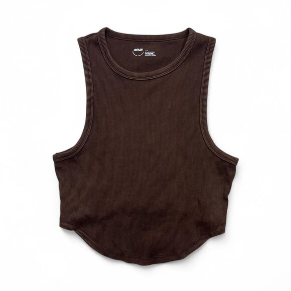 Aerie Chocolate Brown Ribbed Curved Hem Tank Top Cropped Size L - Picture 1 of 4